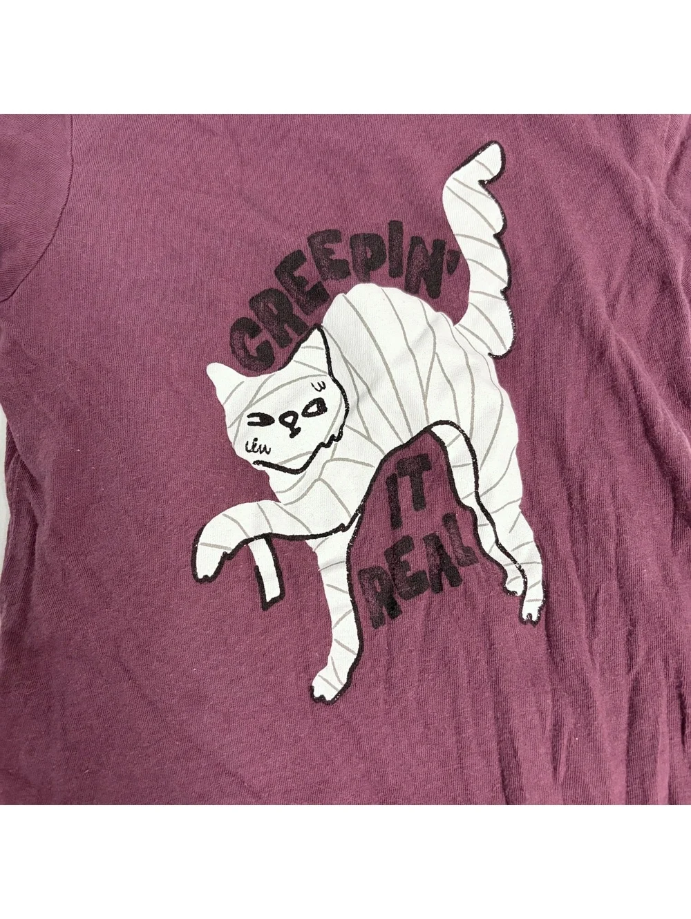 creepin it real mummy kitty cat halloween t-shirt graphic tee kids small fall